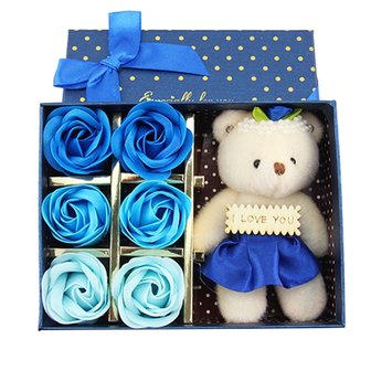Geschenkbox mit Seifenrosen und B&auml;r I Love You (Blau) - Muttertag - Valentinstag TIPP