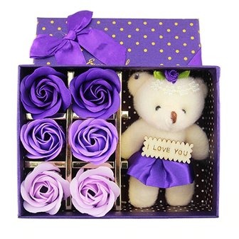 Geschenkbox mit Seifenrosen und B&auml;r I Love You (Lila) - Muttertag - Valentinstag TIPP