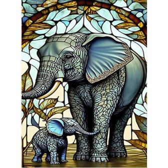 Diamond Painting Glas in lood Olifant met kleintje 01