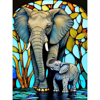 Diamond Painting Glas in lood Olifant met kleintje 02