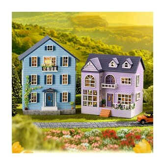 Miniatuur Zelfbouw huisjes set van 2 stuks (blauw + paars)