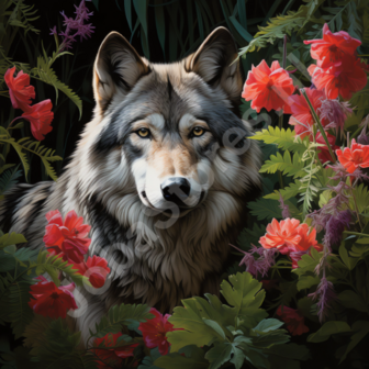 Diamond Painting Wolf tussen bloemen