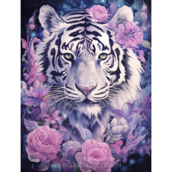 Diamond Painting Tijger met paarse bloemen