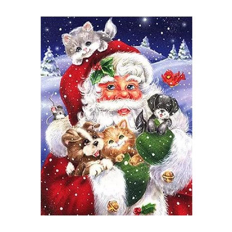Diamond Painting Weihnachtsmann mit Kätzchen und Welpen 30x40cm