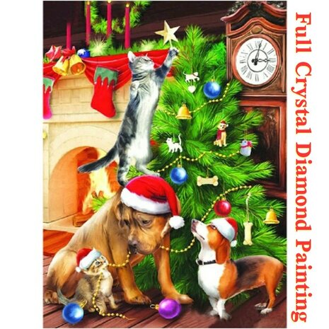 Crystal Diamond Painting Kerstboom met 2 honden en 2 katten (formaat naar keuze)