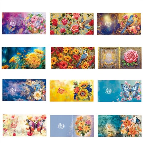 Diamond Painting Grußkarten-Set 005 Blumen, Vögel und Schmetterlinge (12 Stück)