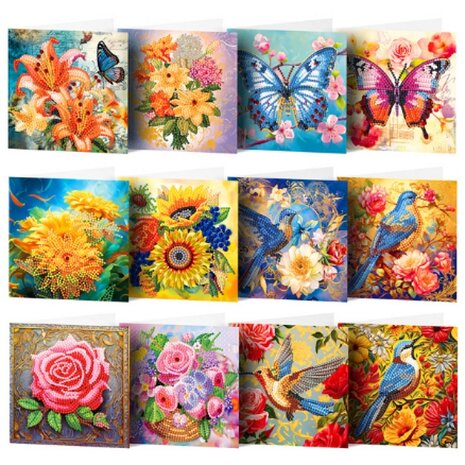 Diamond Painting Grußkarten-Set 005 Blumen, Vögel und Schmetterlinge (12 Stück)