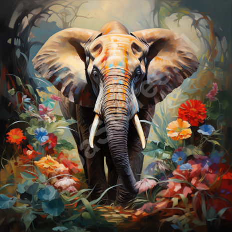 Diamond Painting Olifant tussen bloemen