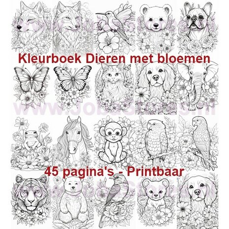 Digitaal Kleurboek voor volwassenen Dieren met bloemen 01 (45 kleurplaten)