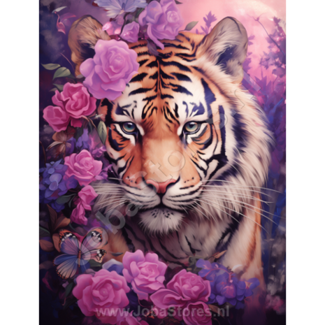 Diamond Painting Tijger met paarse bloemen