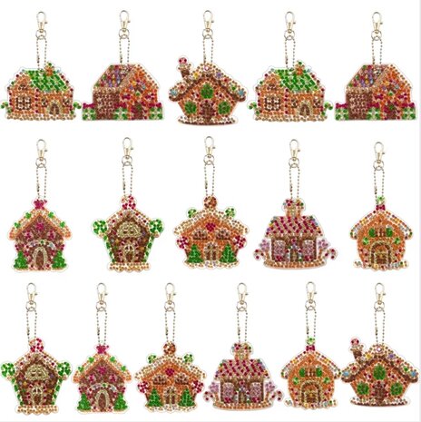 Diamond Painting Schlüsselanhänger Set Weihnachtshäuser (16 Stück)