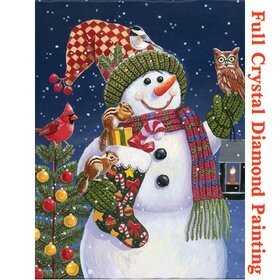 Crystal Diamond Painting Schneemann mit Eule und Eichhörnchen *Weihnachten* (Größe Ihrer Wahl)