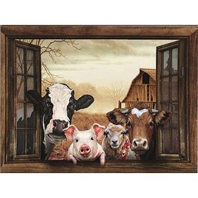 Diamond Painting Fensteransicht Kühe, Schwein und Schaf.