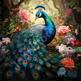 Diamond Painting Pfau zwischen Blumen