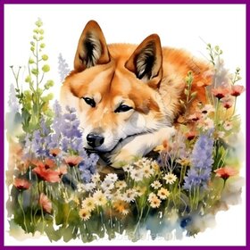 Diamond Painting Akita mit Blumen 03