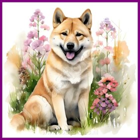 Diamond Painting Akita mit Blumen 05