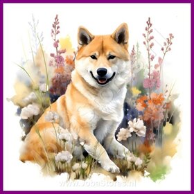 Diamond Painting Akita mit Blumen 08