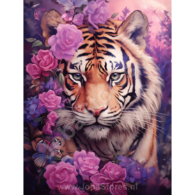 Diamond Painting Tiger mit lila Blumen 04