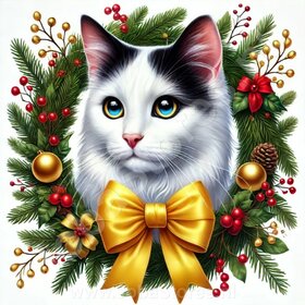 Diamond Painting Weihnachtskranz - Weiße Katze