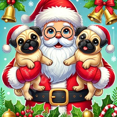 Diamond Painting Weihnachtsmann mit Hunden - Mops